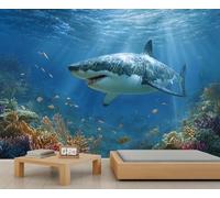 Des requins dans les profondeurs de l'océan Décoration murale 3D autocollante, idéale pour chambre, salle de bain et salon. Papier peint décoratif. 250x195cm (non autocollant)