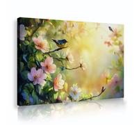 Des tirages éthérés printaniers d’oiseaux sur des branches de fleurs roses avec des illustrations murales à la lumière dorée du soleil pour l’entrée du salon et la décoration cadre intérieur 30x42cm