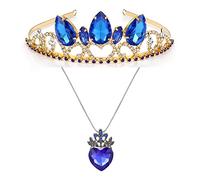 Descendants 4 Diadème et collier avec pendentif Audrey en forme de larme Bleu Bijoux pour princesse filles Cadeau d'anniversaire Noël Halloween Serre-tête en métal sans pierre précieuse