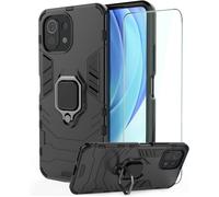 Desche Case For Xiaomi 11 Lite With Ring And Tempered Glass ¿ Shockproof Protection, Stand, Bumper Case Cover ¿ Black