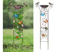 Desgully Bain d'oiseaux avec Treillis de Jardin pour Plantes grimpantes en Plein air, avec Papillons décoratifs autoportants, mangeoire Amovible pour Oiseaux pour l'extérieur en Fer Antique