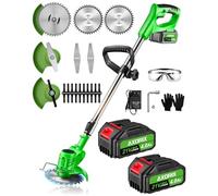 Désherbeur électrique sans fil, 21 V, alimenté par batterie, avec 2 batteries de 4,0 Ah, débroussailleuse sans fil, tondeuse à gazon légère et pliable, 3 types de lames, vert