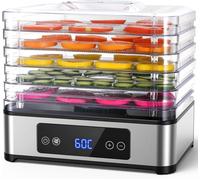 Déshydrateur alimentaire, 5 plateaux en acier inoxydable, minuterie 48H et contrôle de température jusqu'à 160°C ° F Gris clair