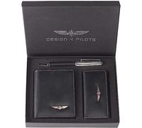 Design 4 Pilots - Portefeuille Pilote - Noir - Cuir Écologique - Ailes en Métal Argenté, Étui à Clés, Stylo de Haute Qualité - Adultes - Unisex - Classique