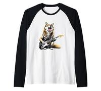 Design Amusant de Loup Jouant de la Guitare électrique pour Les Amateurs de Musique Manche Raglan