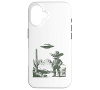 Design Amusant de Rencontre Entre Un Cowboy Extraterrestre et Un ovni dans Le désert Coque pour iPhone 16