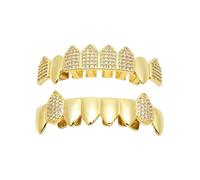 Design Appareil Dentaire Huit Dents Canines de Vampire Tout Strass, Plaqué Or et Argent Style Hip-Hop Bijou Dentaire Unisexe Cadeau Mode(Gold,Set)