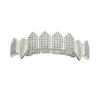 Design Appareil Dentaire Huit Dents Canines de Vampire Tout Strass, Plaqué Or et Argent Style Hip-Hop Bijou Dentaire Unisexe Cadeau Mode(Silver,Upper teeth)
