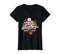 Design Bonhomme de Neige Joyeux Noël, Cloches Lumineuses Branches de pin T-Shirt Graphique avec Valeur