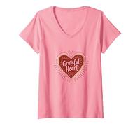 Design d'amour inspirant en Forme de cœur Reconnaissant pour la Gratitude T-Shirt avec Col en V, Femme, Rose, M