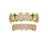 Design en Croix Complètement Iced Out Pavé de Cz Ensemble Grillz - Plaqué Or & Argent 18k, Style Rapper Hip Hop, Fête Cosplay(Gold,Black diamonds)