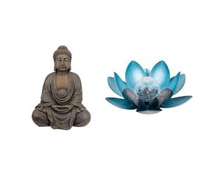 Design Toscano Bouddha Méditatif du Grand Temple Statue de Jardin, Moyen 66 cm, polyrésine, Pierre Grise & Dehner Lotus Lampe solaire en métal Argenté/Bleu Ø 27,5 cm Hauteur 12 cm