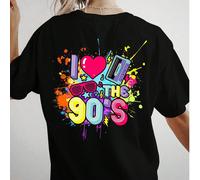 Design vintage des années 90 - "J'aime les années 90" Impression au dos Article de mode "DISCO FEVER" Impression de paillettes colorées unique, T-shirt d'été pour femmes, Impression de motif personnal