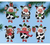 Design Works Lot de 6 décorations de Noël en Toile Plastique à Broder Multicolore Vache