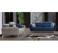 Designer Polster Ensemble de canapés en tissu bleu-gris de luxe 2x 3 places