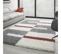 Designer Tapis Shaggy avec motif à carreaux moderne à poils longs et moelleux pour le salon, Couleur : terre cuite, Taille:280 x 370 cm
