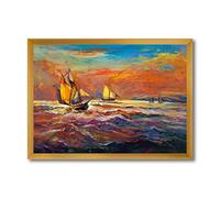 DesignQ Décoration murale encadrée Sailships On The Ocean Waves Pendant Orange Sunset Nautical & Coastal