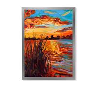 DesignQ Décoration murale encadrée Sunset Evening Glow At The Lake I Nautical & Coastal