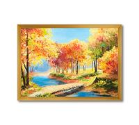 DesignQ Décoration murale encadrée Yellow and Orange Trees By The Riverside Lake House