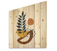 DesignQ Formes élémentaires avec feuilles abstraites - Impression moderne sur bois de pin naturel