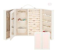 DesignSter Boîte à bijoux pour femme, rangement de bijoux avec miroir, organisateur de bijoux de voyage avec poignée pour bague, boucles d'oreilles, bracelet, collier, Beige et rose