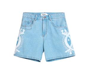 Desigual - Bermuda en jean avec broderies - Femme - Shorts - Bleu - Taille: 36 FR