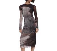 Desigual, Femme, Robes, Brun, Taille: 36 FR Robe Marron à Manches Longues Col Ras du Cou