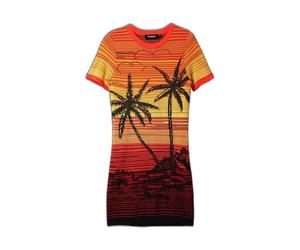 Desigual - Palm Tree Knit Dress Sunset Style - Femme - Robes - Rouge - Taille: 36 FR