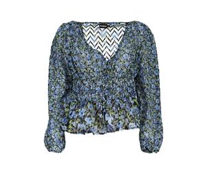 Desigual - Pull Bleu Motif Col en V Chemisier - Femme - Blouses et Chemises - Bleu - Taille: 38 FR