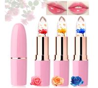 Desing Wish 3 Pièces Fleurs Rouge a Levre Lot Magique Change Couleur Transparent Jelly Lipstick Rouge Levre Mat Longue Tenue Baume a Levre Teinté Brillant à Lèvres Rose Maquillage Femme Filles Cadeau