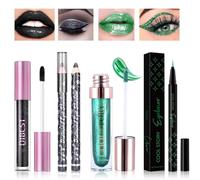 Desing Wish 4 Pièces Rouge a Levre Pailleté Noir Eye Liner Vert Crayon Fard a Paupiere Lot Longue Tenue Rouges à Lèvres Sans Transfert Ombre a Paupiere Lipstick Eyeliner Yeux Maquillage Femme Cadeau