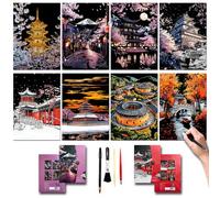 DESINIK Kit de peinture à gratter arc-en-ciel - Loisirs créatifs pour adultes et enfants - Kit de bricolage avec 4 outils et 8 feuilles de papier, série Villes antiques Cadeaux créatifs (Japon et