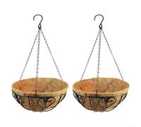 Desiumite Lot de 2 paniers suspendus en métal résistant à la rouille pour plantes d'extérieur, doublure en fibre de coco avec cadre en fer, pot de fleurs à suspendre de style pastoral noir et marron