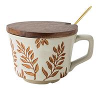 Deskium Handgemachter Rohtonbecher im japanischen Stil, Kaffeetasse aus Keramik mit Holzdeckel und Löffel, braunes Bohnenblatt-Muster, 11-oz-Geschenkbecher, großer breiter Griff