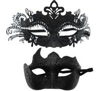 Deskium Lot de 2 demi-masques noirs avec plumes et couronnes, parfaits pour Mardi Gras, bal masqué et événements festifs