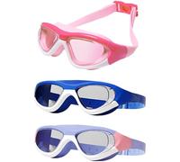 Deskium Lot de 3 paires de lunettes de natation pour garçons et filles, avec bouchons d'oreilles et étui, verres larges, lunettes de natation étanches anti-buée, matériau PC, rose, bleu foncé, violet