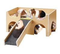 Deskium Maison pour cochon d'Inde, grande cachette en bois pour petits animaux, abri pour animaux de compagnie en bois naturel avec deux entrées arquées, accessoire d'habitat amovible pour hamsters