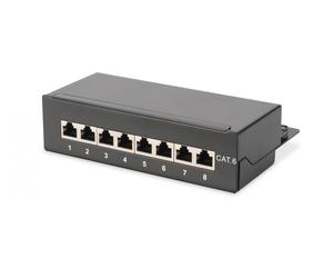 Desktop CAT 6 Patch Panel, shielded Class E, 8-port RJ45, 8P8C, LSA, black, 482x44x109