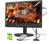 Desobry Télévision Portable 18 Pouces avec antenne, Mini téléviseur LCD avec Tuner DVB/T2, 12V TV 6000mAh Rechargeable avec Base Ronde pour Le Camping en Plein air, la Chambre à Coucher, la Cuisine