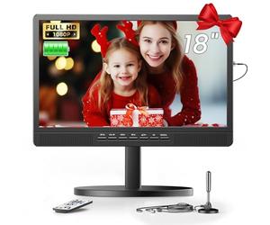Desobry Télévision Portable 18 Pouces avec antenne, Mini téléviseur LCD avec Tuner DVB/T2, 12V TV 6000mAh Rechargeable avec Base Ronde pour Le Camping en Plein air, la Chambre à Coucher, la Cuisine