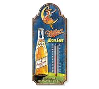 Desperate Enterprises Miller High Life Thermomètre en acier de calibre 24 en relief - Plaque nostalgique vintage en métal pour garage ou cave - Fabriqué aux États-Unis