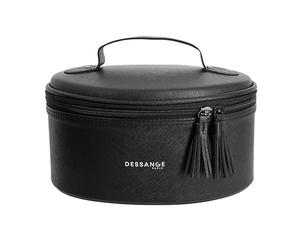 DESSANGE - Vanity Ovale - Noir - Simili-Cuir - 9 Compartiments de Rangement Intérieur - Miroir Intégrer - Trousse de Voyage - Trousse de Beauté