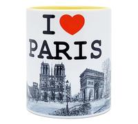 DESSAPT Arts - J'aim e Paris/I love Paris et ses Monuments - Mug Céramique 325 ml - Tasse-Cadeau Unique avec les Magnifiques Paysages Parisiens - Imprimé en France - Blanc et Jaune Clair
