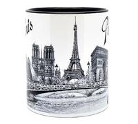 DESSAPT Arts - Mug Monuments de Paris par Guy DESSAPT - 325 ml - Tasse en Céramique Panoramique (Tour Eiffel, Arc de Triomphe, Notre-Dame, Louvre, Sacré-Cœur, Pont Alexandre III) (01-Noir)