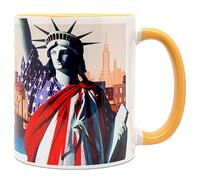 DESSAPT Arts - Mug New York - Design Original Liberté et Brooklyn Bridge, Tasse en Céramique 325ml - Anse et Intérieur Jaune Doré