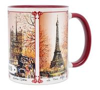 DESSAPT Arts - Paris 4 Monuments en brun - Mug céramique 325ml - Tasse-cadeau unique avec les magnifiques paysages parisiens - Imprimé en France - Blanc et bordeaux
