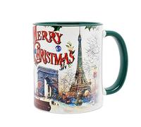 DESSAPT Arts - Paris Joyeux Noël/Merry Christmas - Mug Céramique 325ml - Tasse-cadeau Noël unique avec les Magnifiques Paysages Parisiens - Imprimé en France - Blanc et Vert Foncé