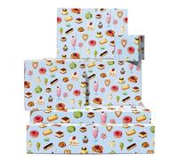 Dessert Papier Cadeau - 6 Feuilles Of Sweet Treats Papier Cadeau - Cakes Donuts Ice Cream Candy And Milkshakes Blue - Anniversaire Party For Enfants Filles Garçons Amis - Comes With Tags