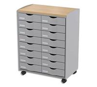 Desserte 16 tiroirs grise plateau hêtre, 4 roulettes pivotantes - Dim L55,2 x H74,5 x P35 cm