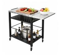 Desserte Barbecue Extérieur 4 Niveaux, Plancha Table Pliable | acier inoxydable, 4 roues silencieuses 2 freins, charge 90kg/niveau, étagère réglable, pliable, porte-bouteille